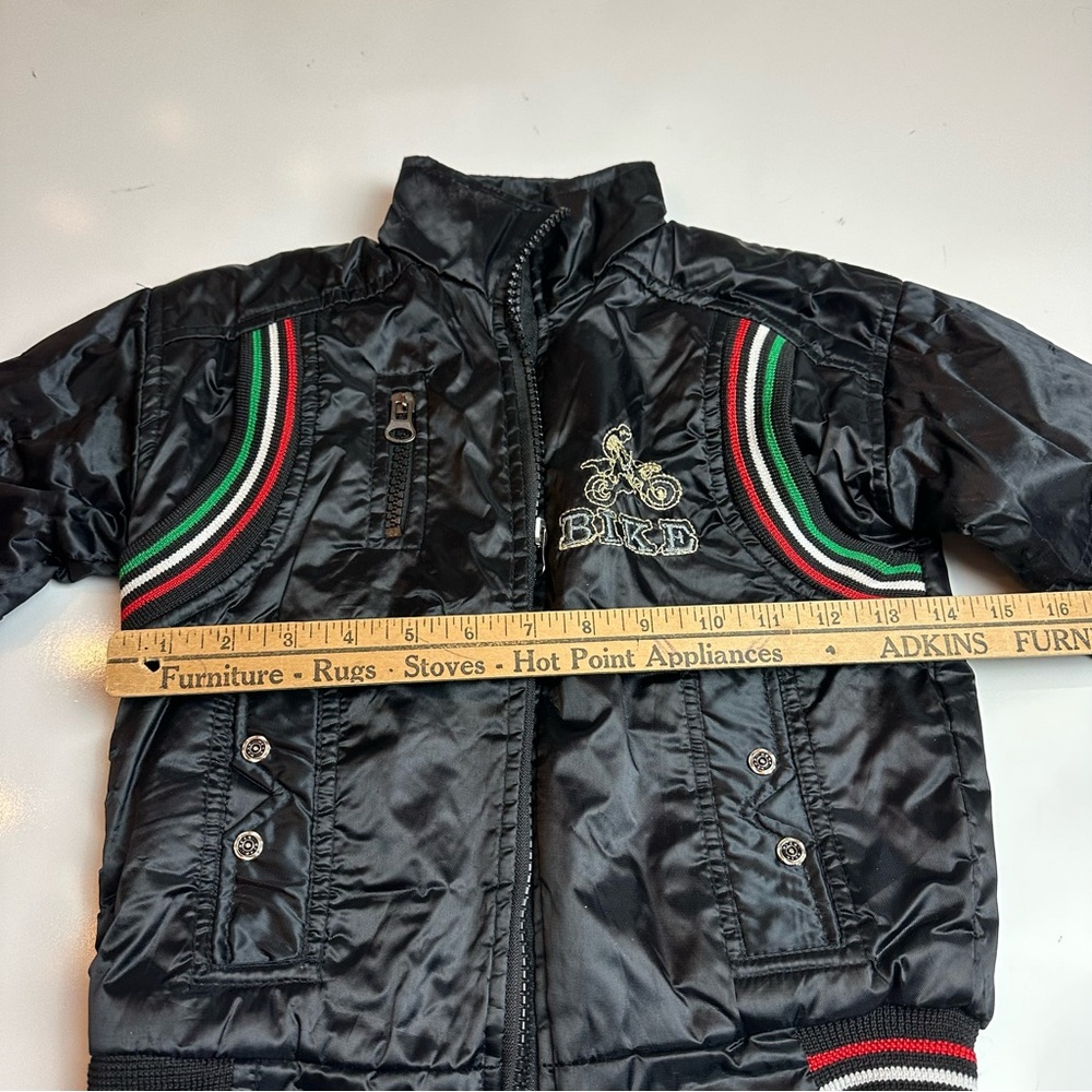 Y2K Moto Puffer Jacket | Kids Racing Stripe Embroidered Black Nylon Coat 3T-4T - Picture 6 of 11